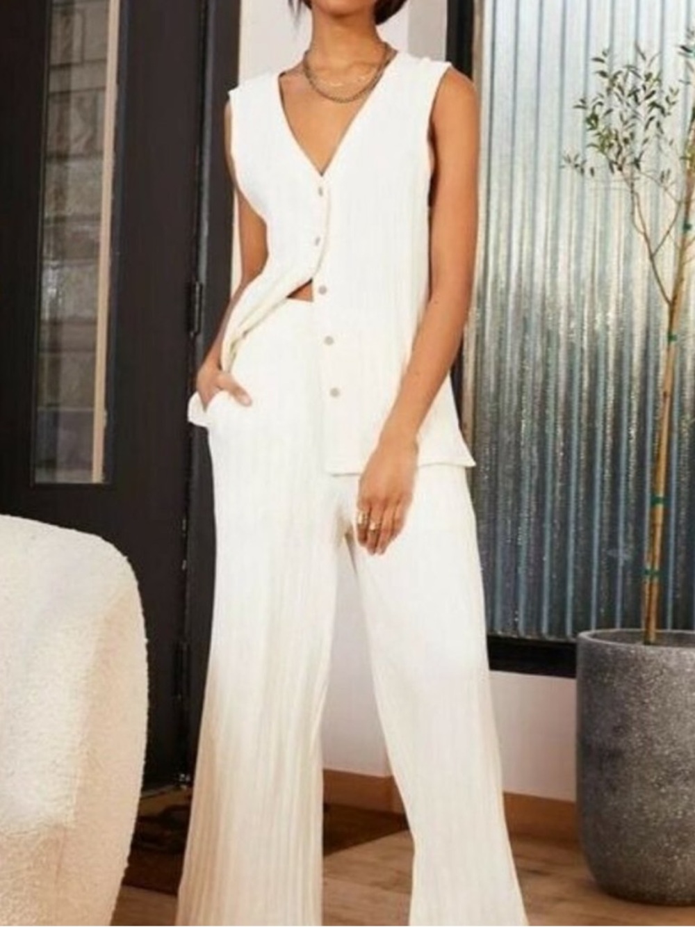 Free People Ivory Ribbed Sleeveless Button-Front Wide-Leg Pant Set